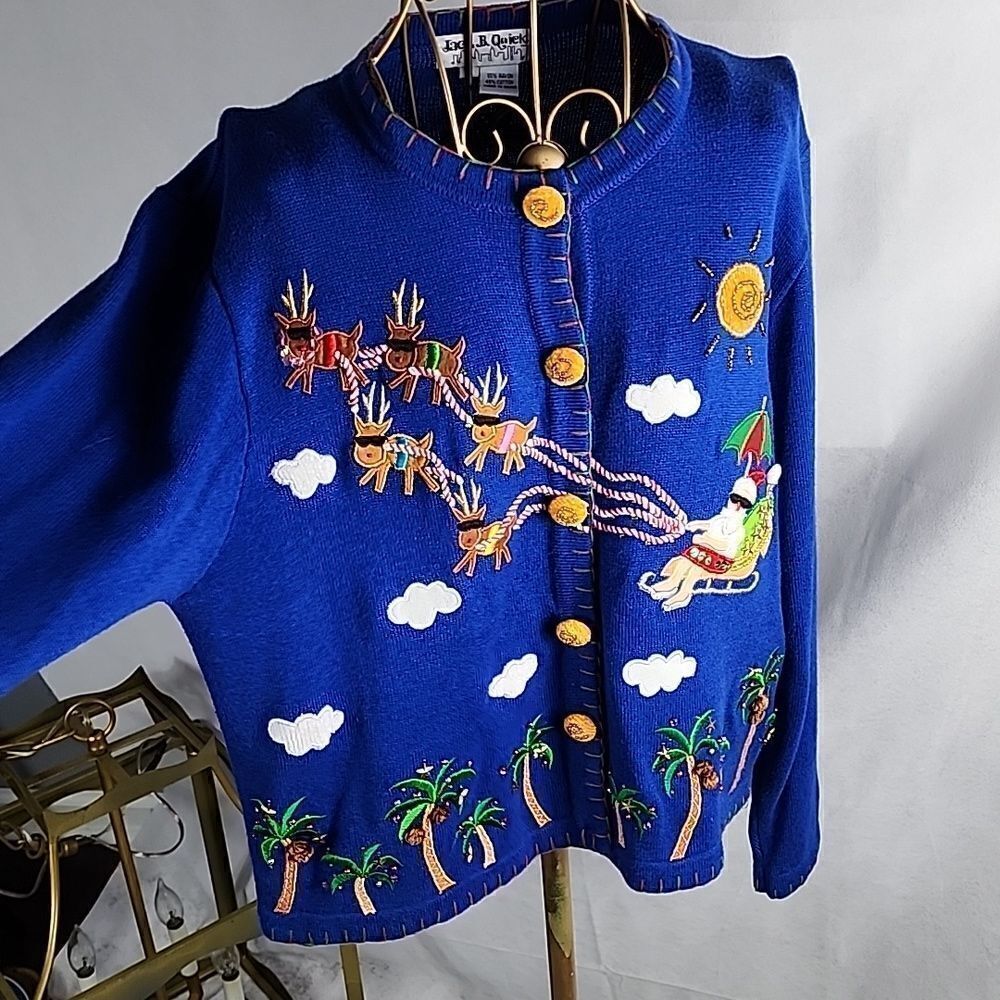 Tropical Island Santa Claus, Sleigh & Reindeer with Sparkle Palms Sweater Size L